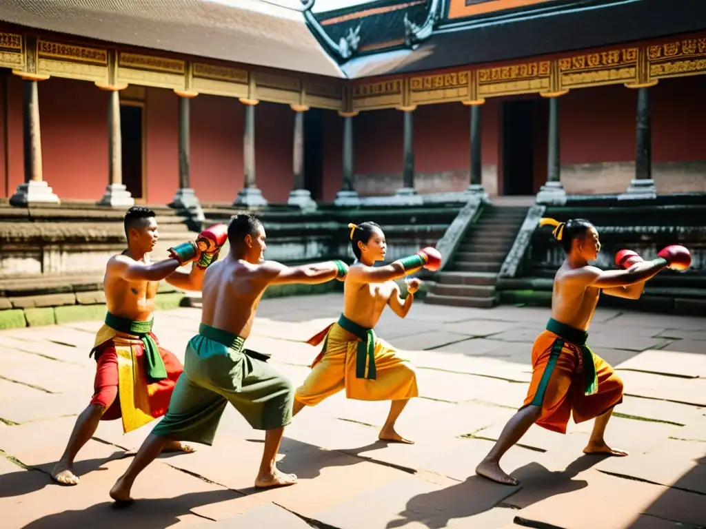 Bokator arte marcial Camboya: Practicantes de Bokator realizan movimientos dinámicos en un patio soleado, vestidos con trajes tradicionales