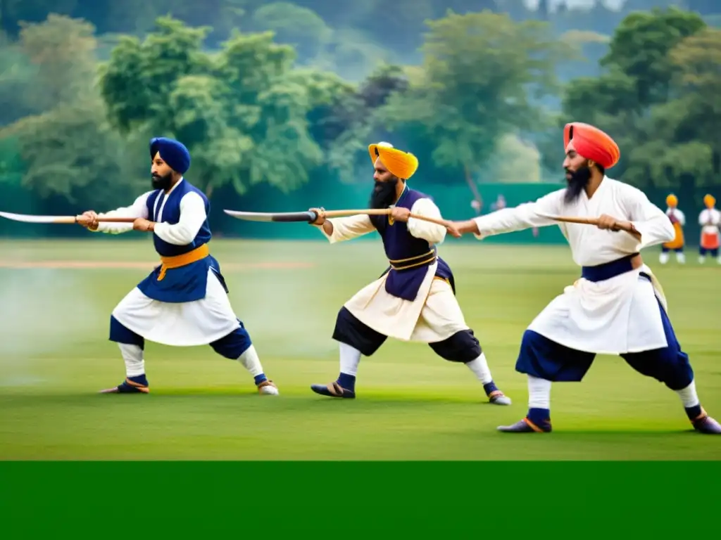 Sikhs practicando Gatka, el arte marcial tradicional, en un escenario de campo verde exuberante