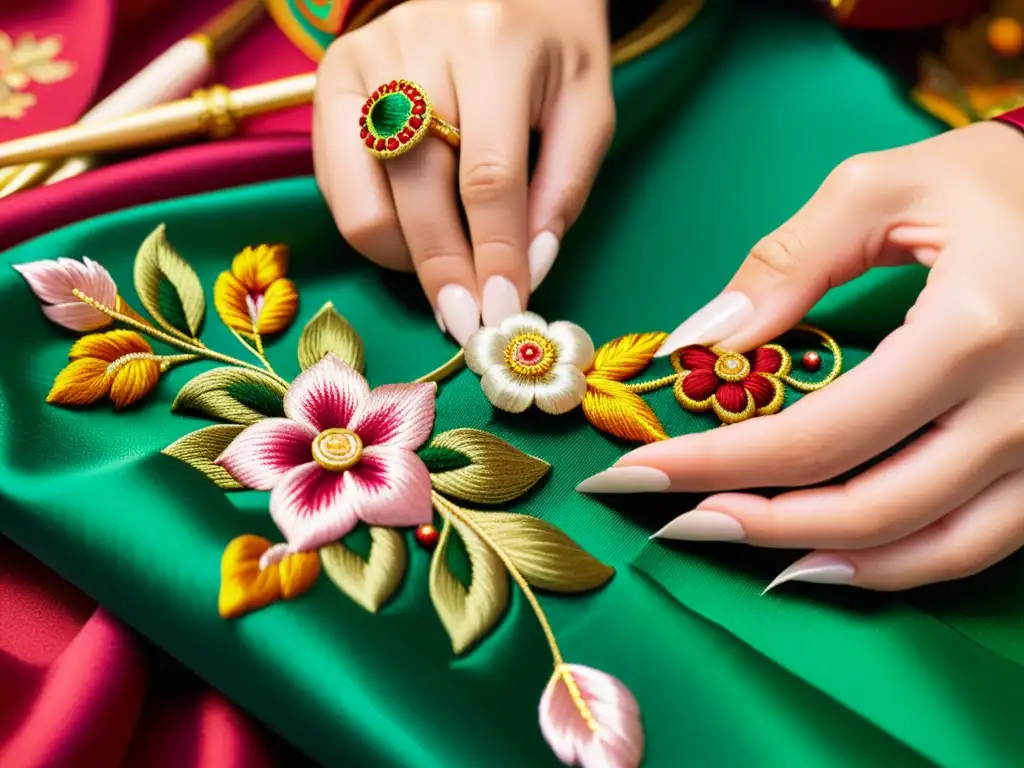 Arte milenario moda lujo asiática: Maestro bordando una exquisita flor en seda, con hilos vibrantes y delicadas manos