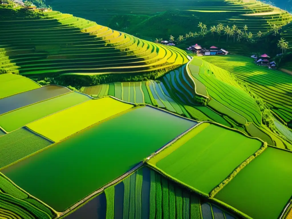 Arte milenario cultivo arroz terrazas: impresionante fotografía aérea de los campos de arroz, con terrazas y tonos verdes vibrantes