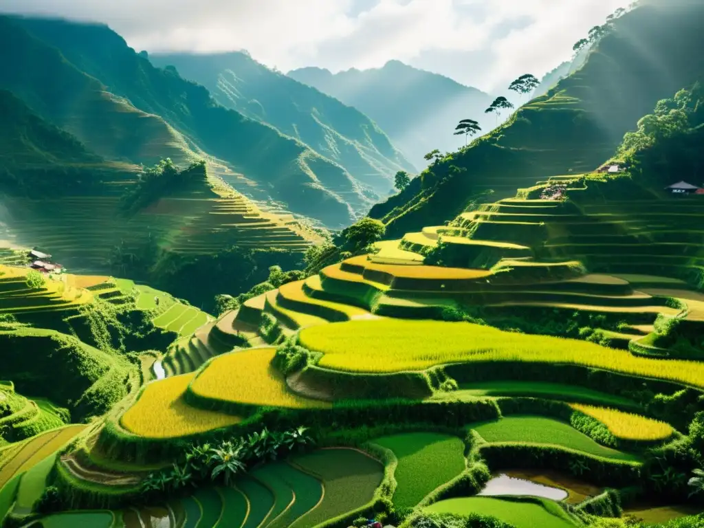 Arte milenario del cultivo de arroz en terrazas en las montañas verdes de Filipinas, con agricultores locales cuidando los cultivos