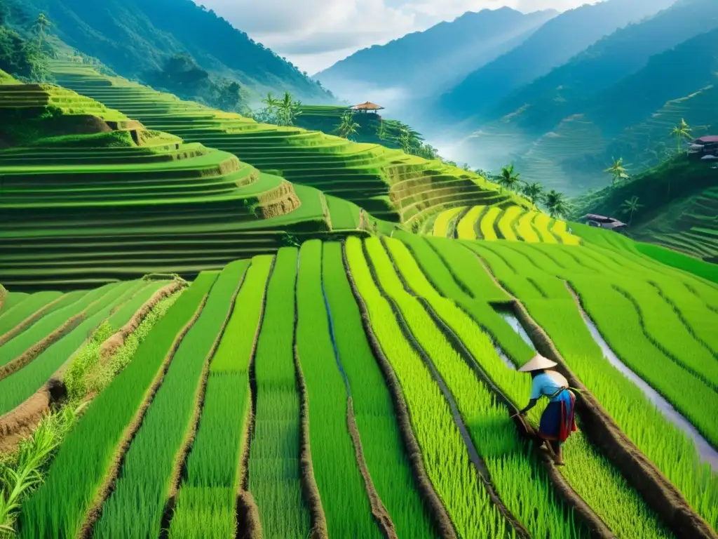 Arte milenario cultivo arroz terrazas: Imagen documental de agricultores plantando arroz en terrazas, bañados por la suave luz matutina