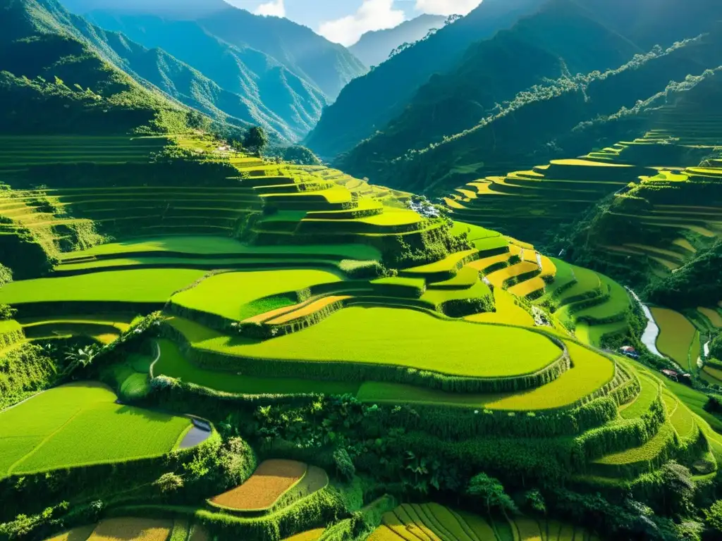 Arte milenario cultivo arroz terrazas: Impresionante paisaje de terrazas de arroz en Banaue, Filipinas, bañado por la luz del sol matutino