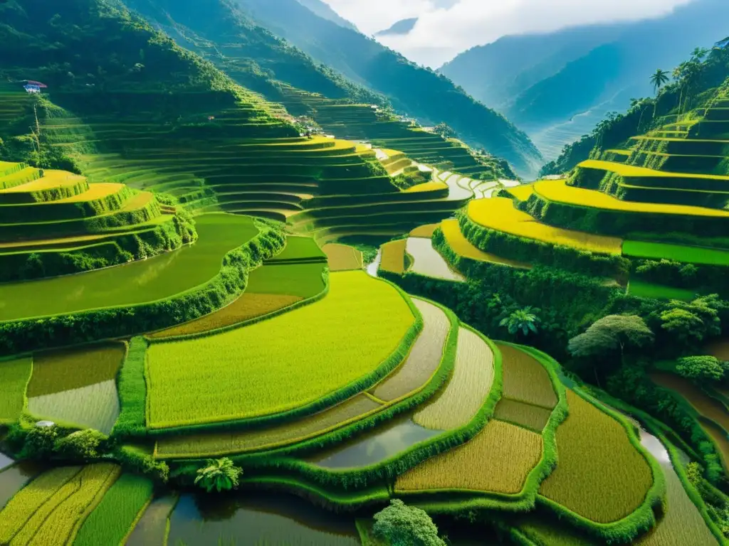 Arte milenario del cultivo de arroz en terrazas, reflejando la belleza natural y la ingeniosidad humana en las montañas