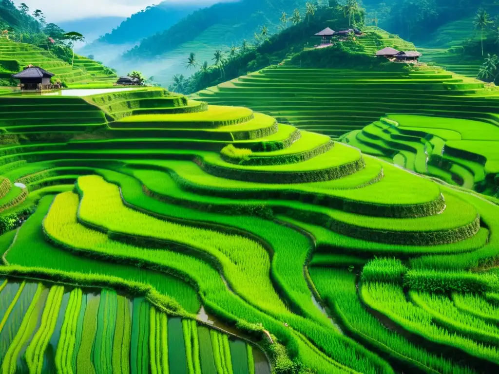 Arte milenario cultivo arroz terrazas: Imagen documental de terrazas de arroz verde exuberante, cultivadas por agricultores con métodos tradicionales