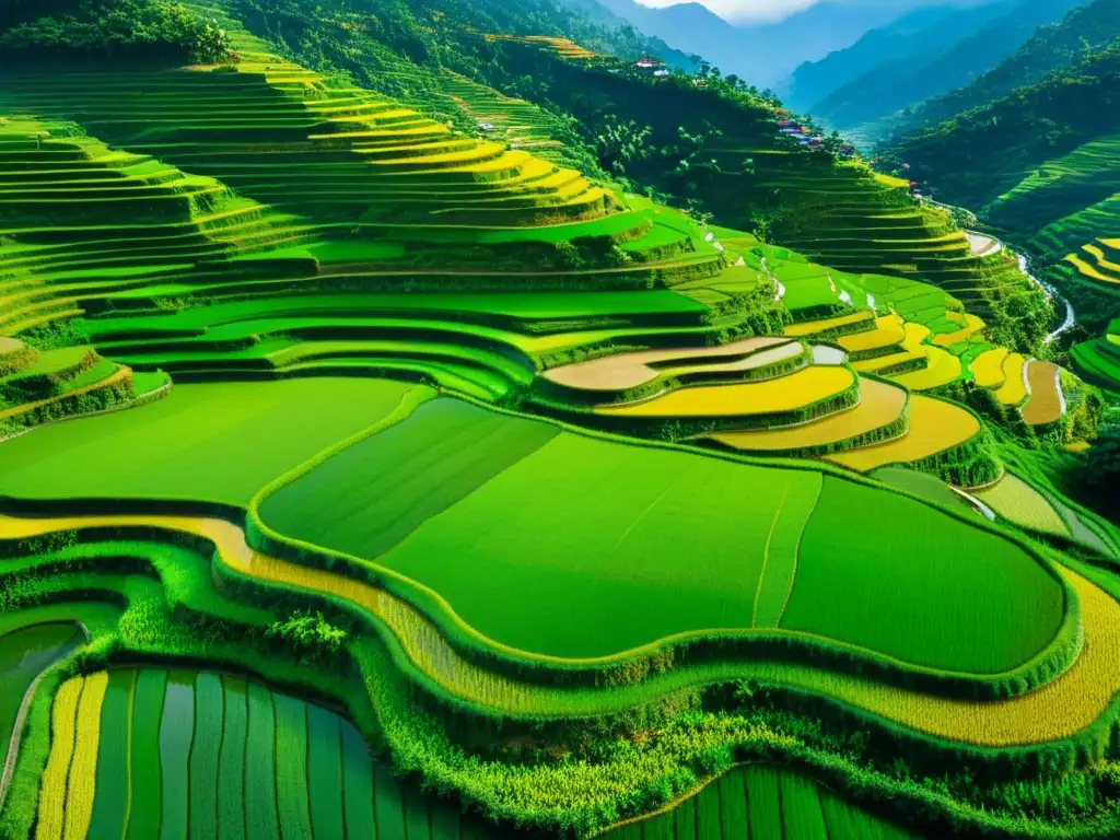 Arte milenario: terrazas de arroz en las montañas, un mosaico de color y textura