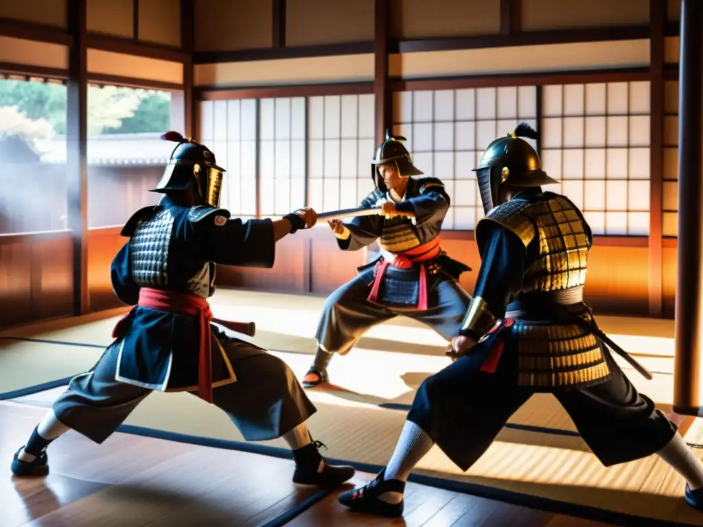 Arte militar de los samuráis: Guerreros samuráis en formación precisa, practicando tácticas de combate en un dojo japonés tradicional