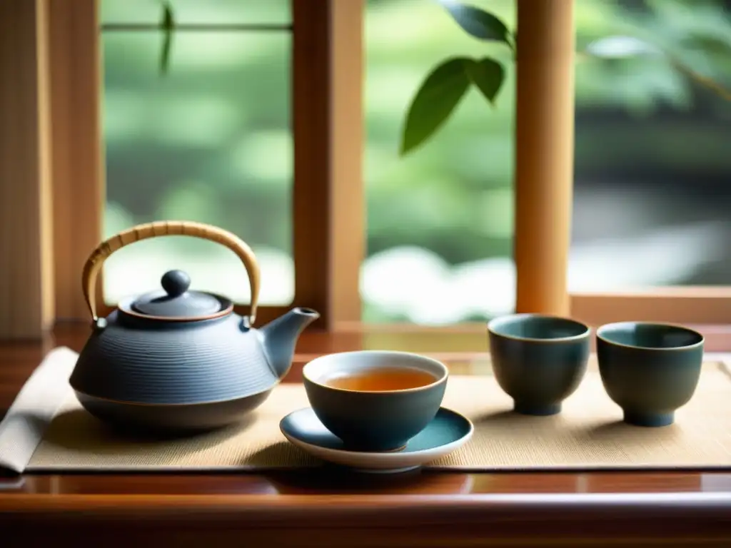 Arte moderno: un delicado set de té japonés en una mesa de madera, iluminado suavemente por la luz natural