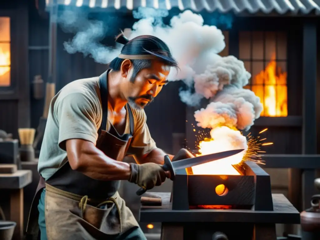 Arte moderno de la forja japonesa: maestro forjador crea espada con precisión y dedicación en medio de la intensa atmósfera de la fragua