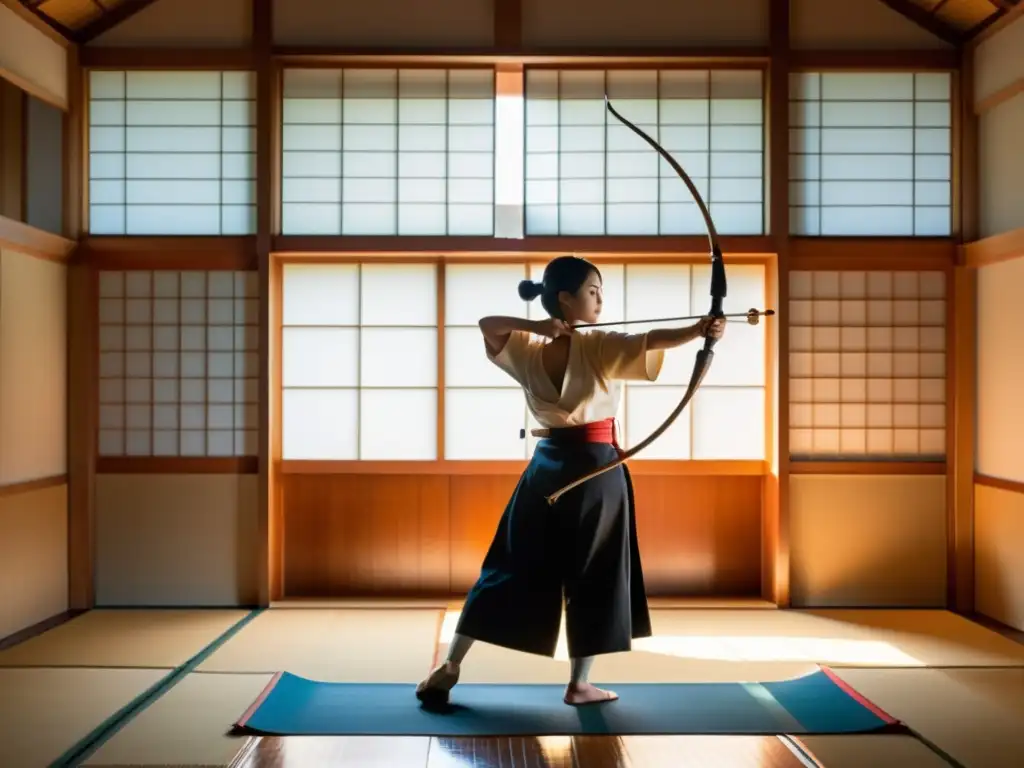 Arte del Kyudo en el mundo moderno: Arquero japonés en kyudojo, con arco y postura elegante, rodeado de calma y tradición