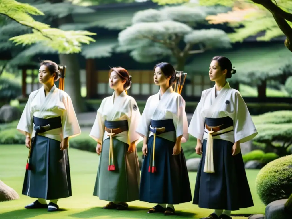 Arte del Kyudo en el mundo moderno: Arqueros tradicionales en un jardín japonés, concentración y gracia con arcos y vestimenta tradicional