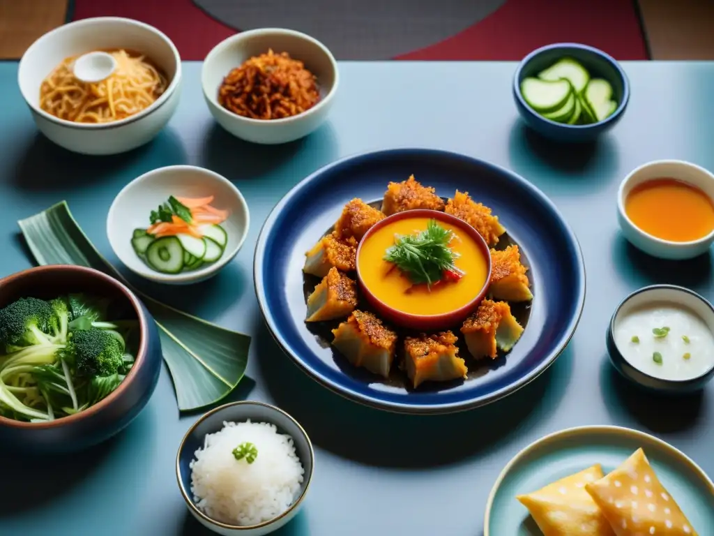 Arte de combinar platos coreanos en una mesa tradicional con kimchi, namul y banchan coloridos, iluminados suavemente