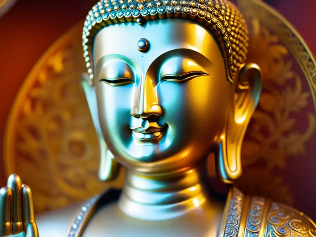 Buda dorado: serenidad y artesanía Invertir en Arte Religioso Asiático: Detalle de estatua dorada de Buda con expresión serena y ornamentos detallados, bañada en cálida luz