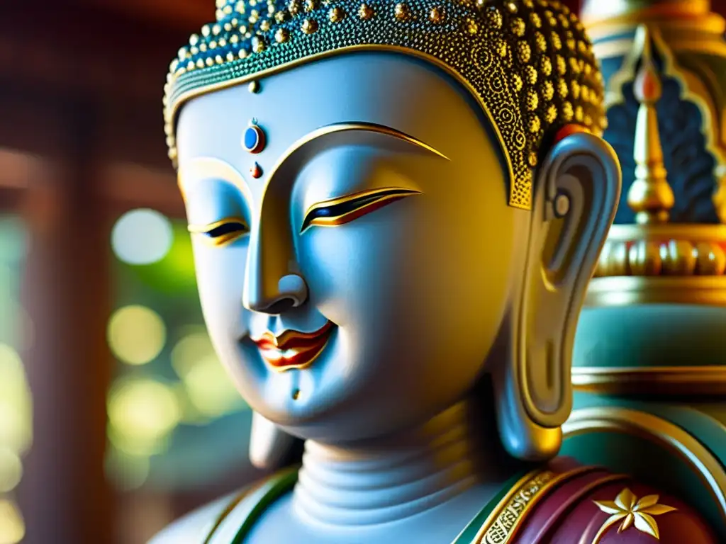 Buda majestuoso: detalle de estatua ornamentada Invertir en Arte Religioso Asiático: Detalle de una estatua de Buda bellamente ornamentada, bañada en luz suave, con una atmósfera serena y reverente