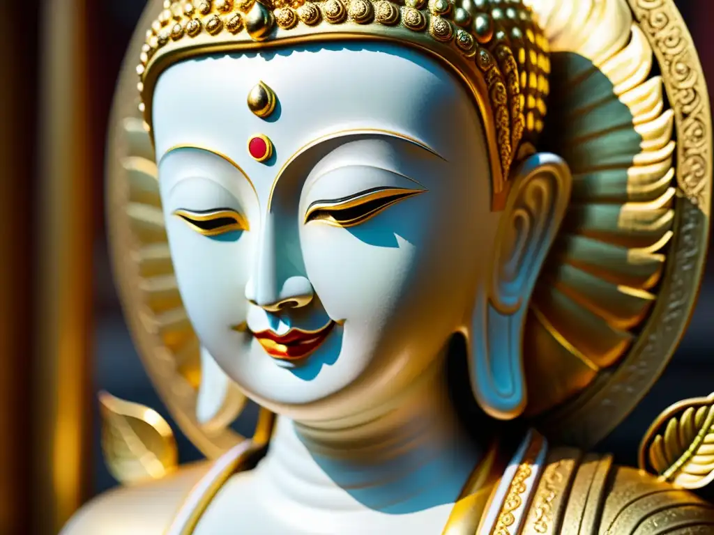 Estatua budista dorada: detalle impresionante Invertir en Arte Religioso Asiático: Detalle impresionante de una estatua budista dorada, con expresión serena y luz suave que realza la artesanía