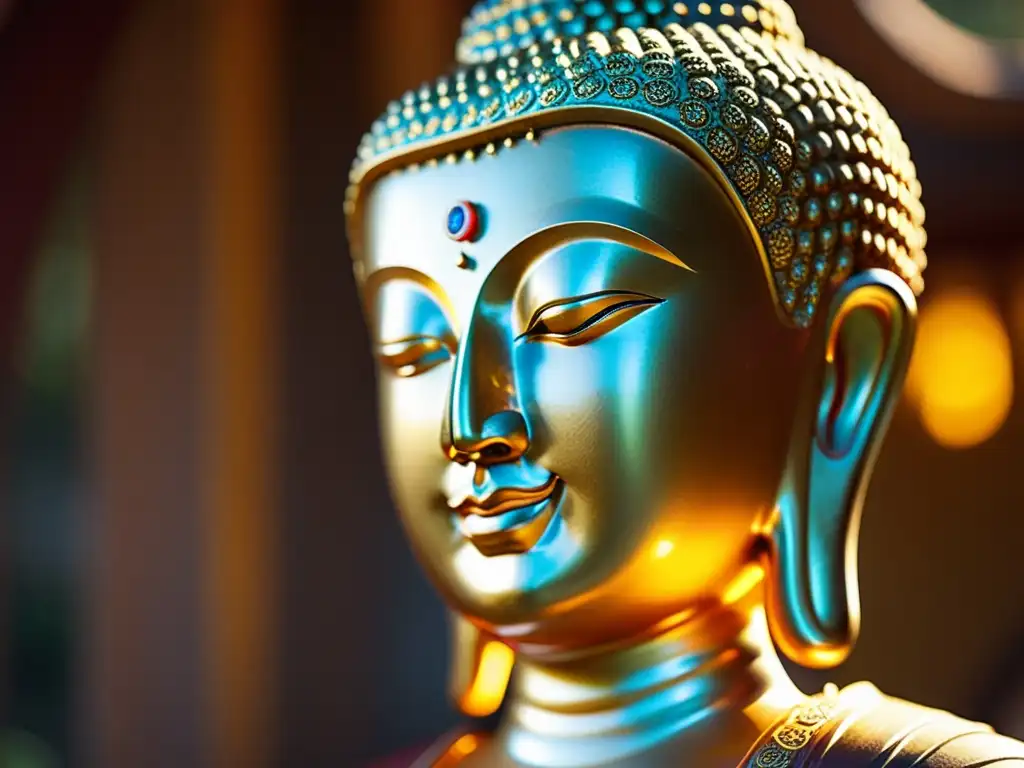 Estatua dorada de Buda: serenidad y espiritualidad Invertir en Arte Religioso Asiático: Fotografía de alta resolución de una estatua dorada de Buda, iluminada por suave luz solar, rodeada de detalles elaborados y una atmósfera serena de espiritualidad asiática