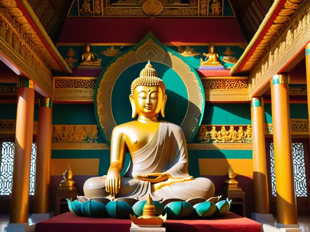 Buda dorado en templo sereno: arte y espiritualidad Invertir en Arte Religioso Asiático: Imagen de un Buda dorado en un templo ornamentado, iluminado por la suave luz del atardecer, transmitiendo serenidad y reverencia espiritual