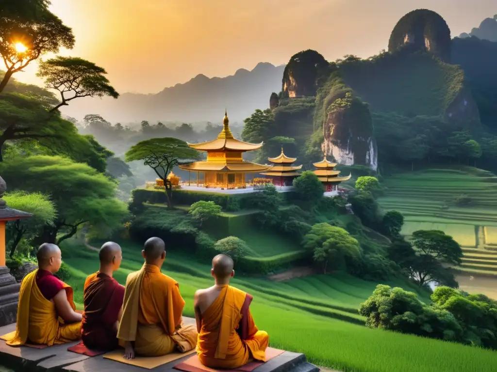Templo asiático al atardecer: belleza serena y espiritualidad Invertir en Arte Religioso Asiático: Templo sereno en la exuberante naturaleza asiática, con monjes en oración al atardecer