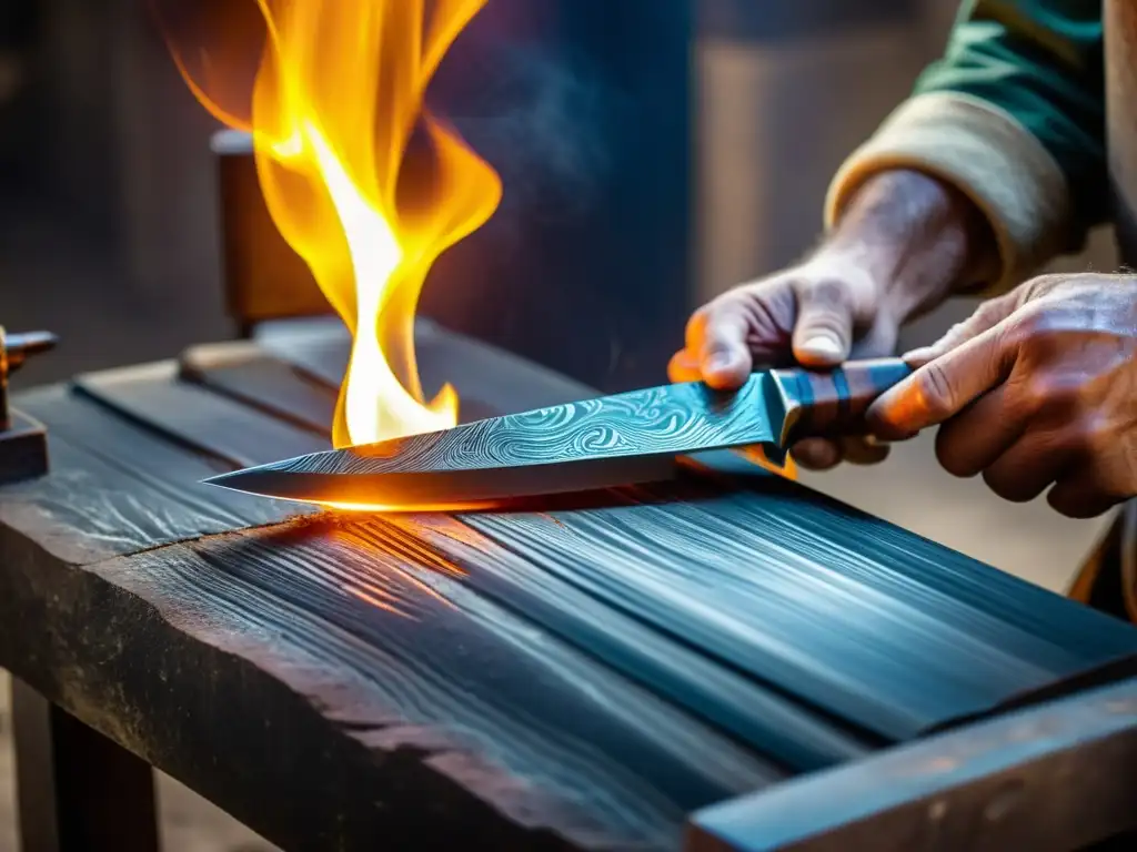 Arte y técnica de la cuchillería de Damasco: artesano forjando una hoja de acero con patrones detallados, iluminado por el brillo del horno