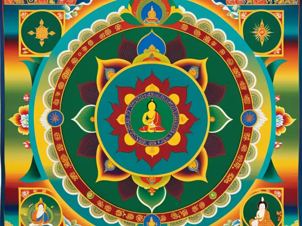 Arte tibetano espiritual budista: vibrante thangka con deidades y mandalas detallados en rica tela