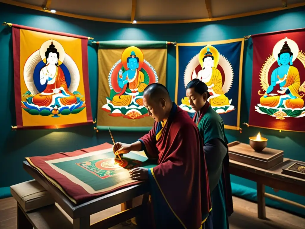 Artesanos tibetanos creando thangkas en estudio atmosférico Arte tibetano en inversiones: Artesanos tibetanos crean thangkas tradicionales en un estudio atmosférico, iluminado de forma tenue, con detalles intrincados y colores vibrantes