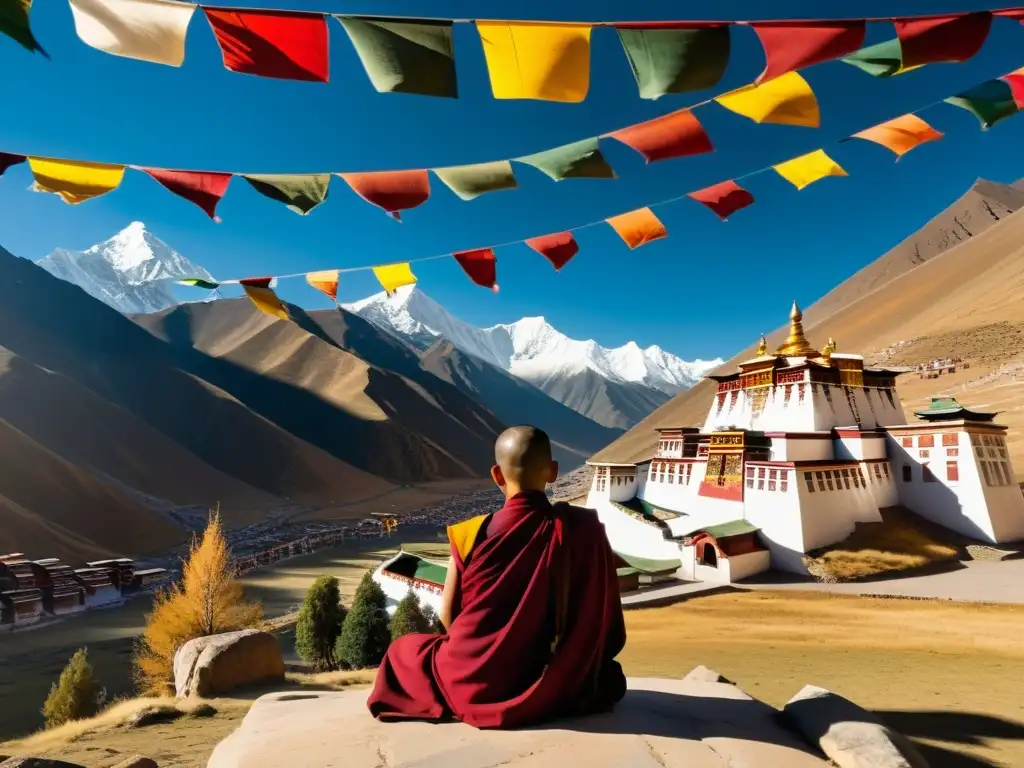 Monasterio tibetano: tradición espiritual y cultural Arte tibetano en inversiones: Fotografía de un sereno monasterio tibetano en paisaje montañoso, con monjes y coloridas banderas de oración