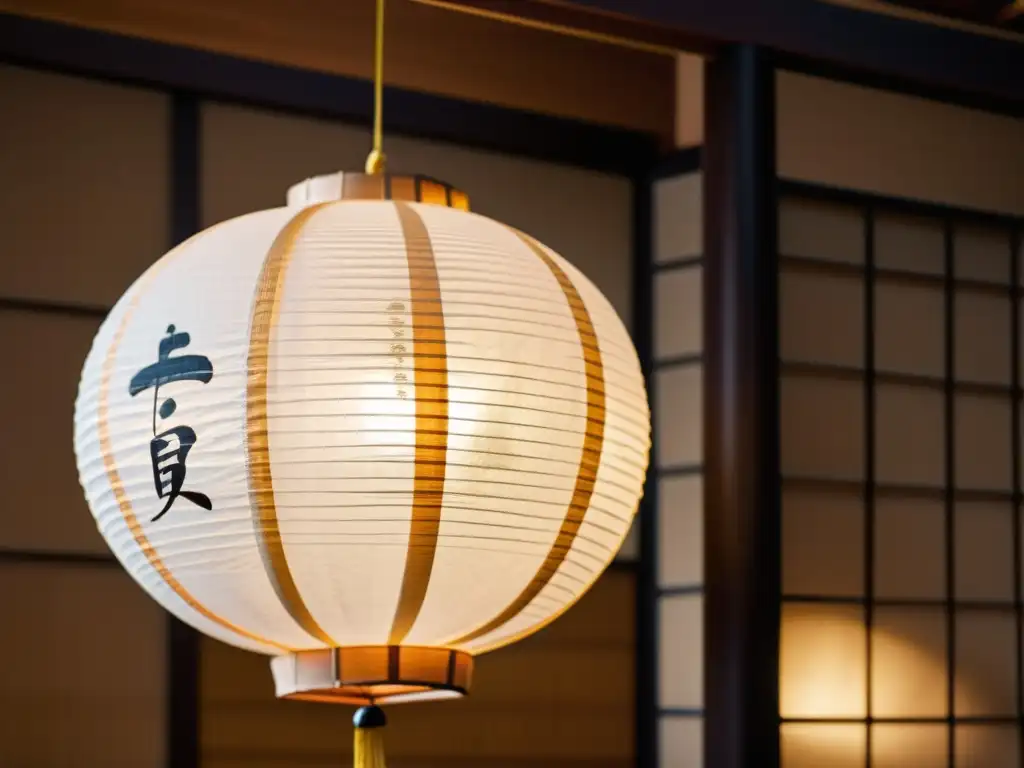 Arte de la Iluminación Japón Tradicional: Detalle de chochin japonés iluminando una habitación con tatamis, creando una atmósfera serena y cálida