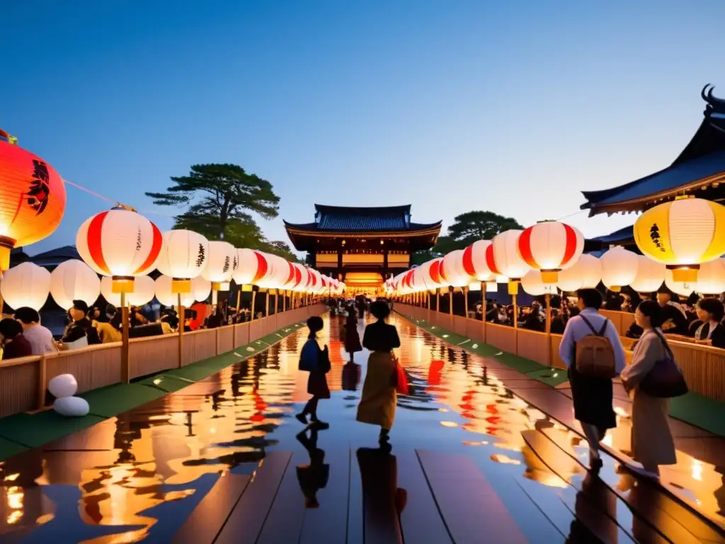 Arte de la Iluminación Japón Tradicional: Festival de linternas japonesas iluminadas, creando una atmósfera mágica y cálida con gente admirando