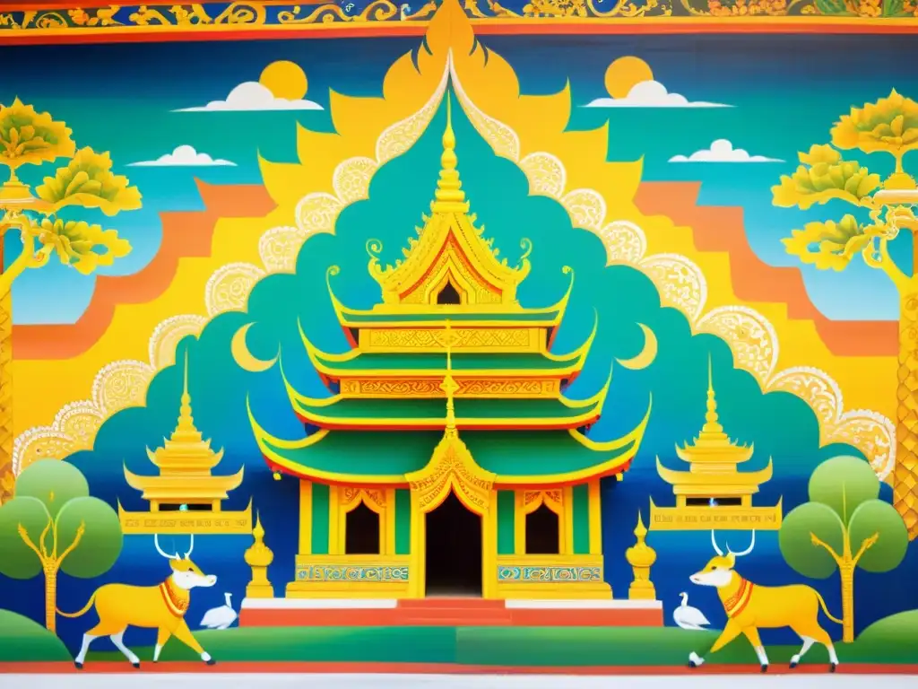 Arte tradicional del reino de Lanna: Mural colorido con motivos geométricos y criaturas míticas, iluminado por cálida luz solar