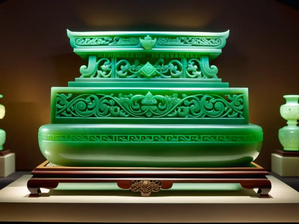 Exhibición de artefactos de jade en museo, resaltando la exquisitez y beneficios del uso del jade en la herencia asiática