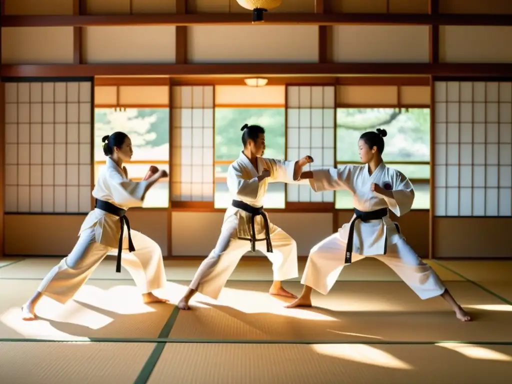 Práctica grupal de artes marciales japonesas en un dojo sereno durante la Era Meiji