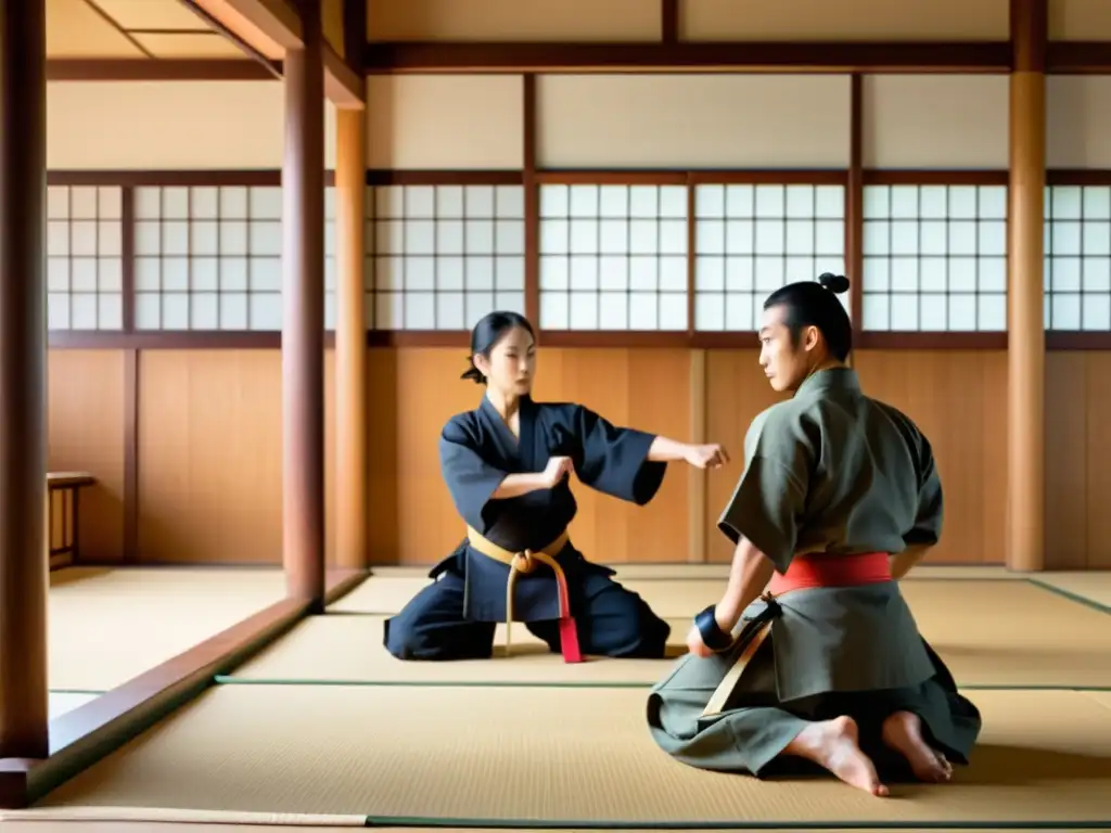 Práctica de artes marciales japonesas en un dojo tradicional durante la Era Meiji