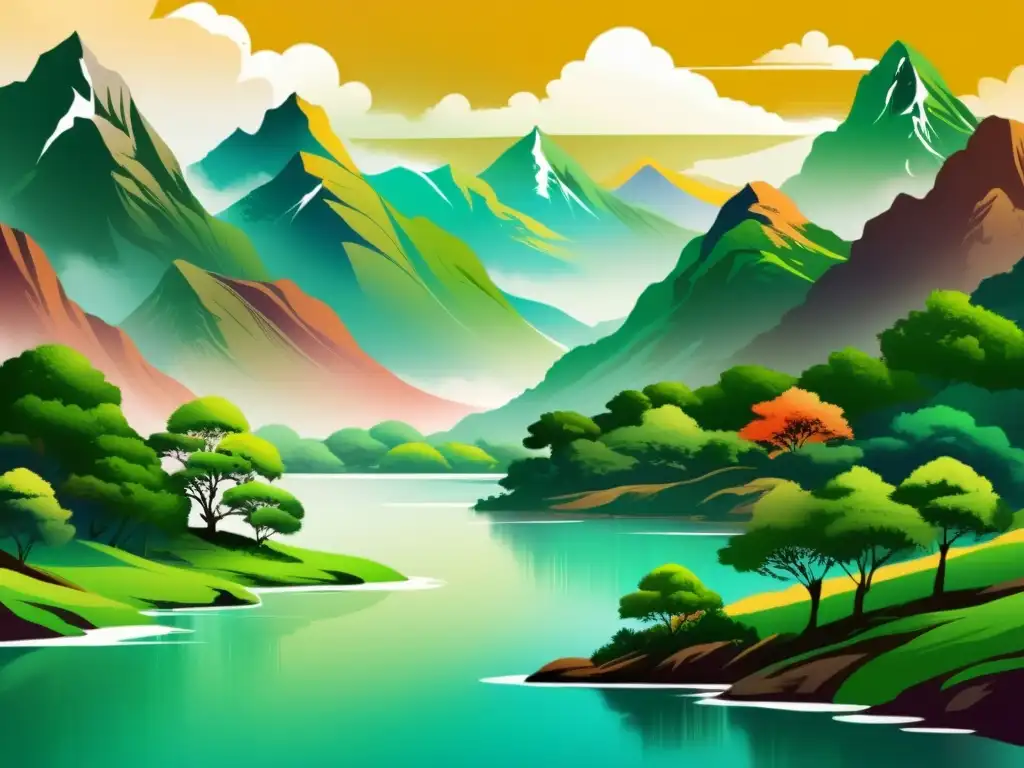 Artes visuales asiáticas antiguas y nuevas: pintura de montaña y río en colores armoniosos