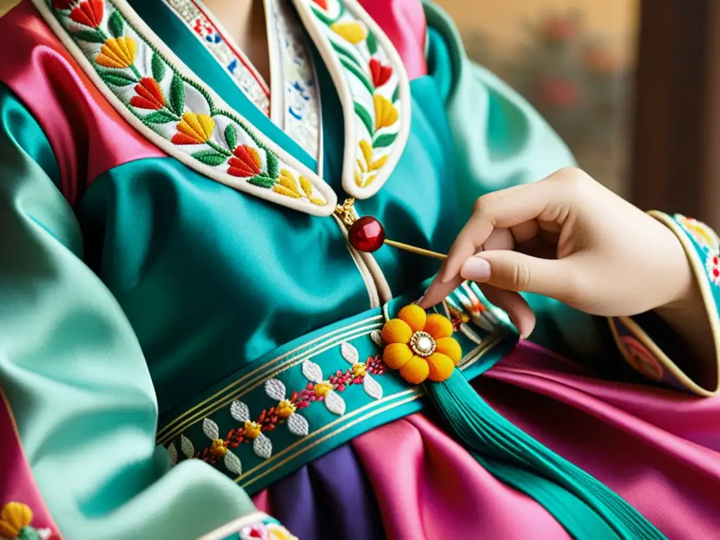 Una artesana coreana borda meticulosamente un hanbok tradicional, resaltando la revolución Hallyu en la moda mundial