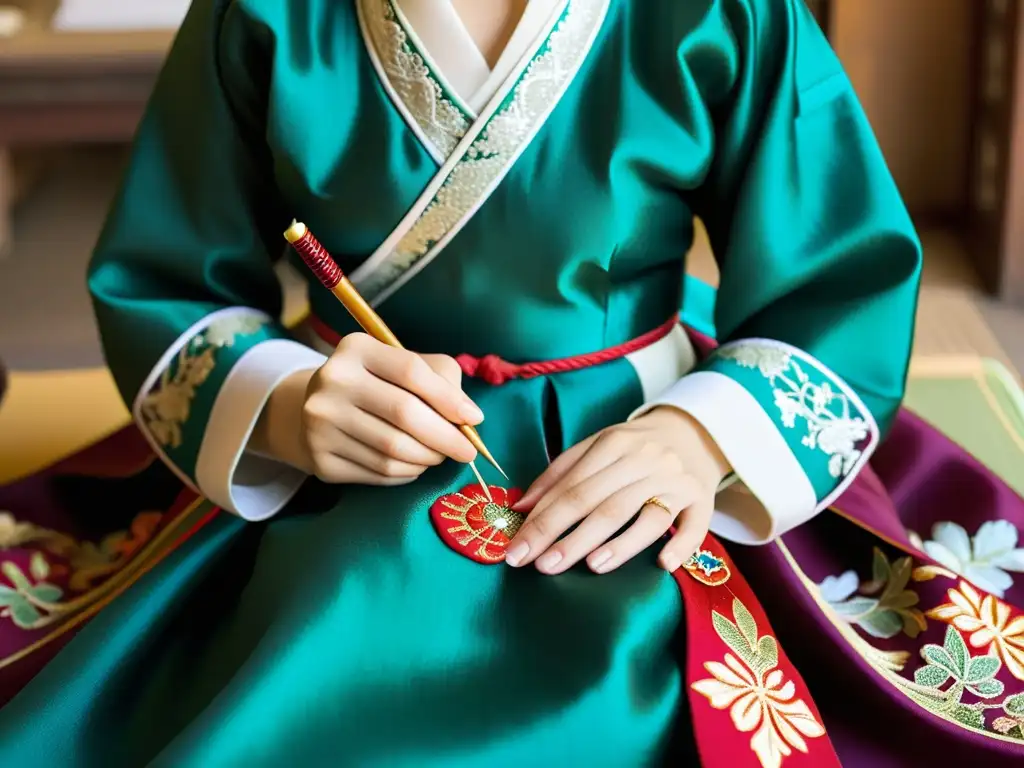 Una artesana coreana cosiendo a mano un hanbok tradicional, mostrando la sastrería tradicional coreana secretos con meticulosidad y arte