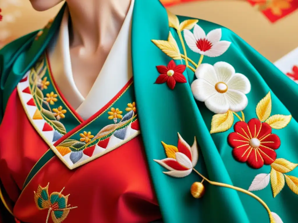 Artesana japonesa bordando un kimono con patrones vibrantes y colores exquisitos, reflejando la moda de lujo en países asiáticos emergentes