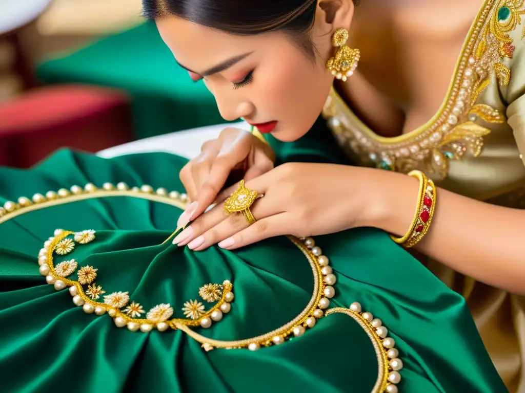 Artesana bordando a mano un lujoso vestido de seda con hilo de oro, destacando la alta costura asiática y su elegancia cultural