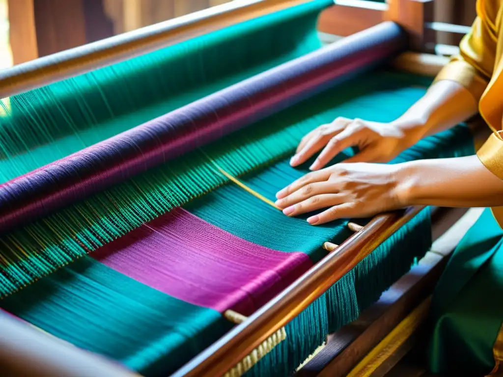 Una artesana tailandesa tejiendo seda con destreza, mostrando la elegancia y el arte de la alta costura de seda en Tailandia