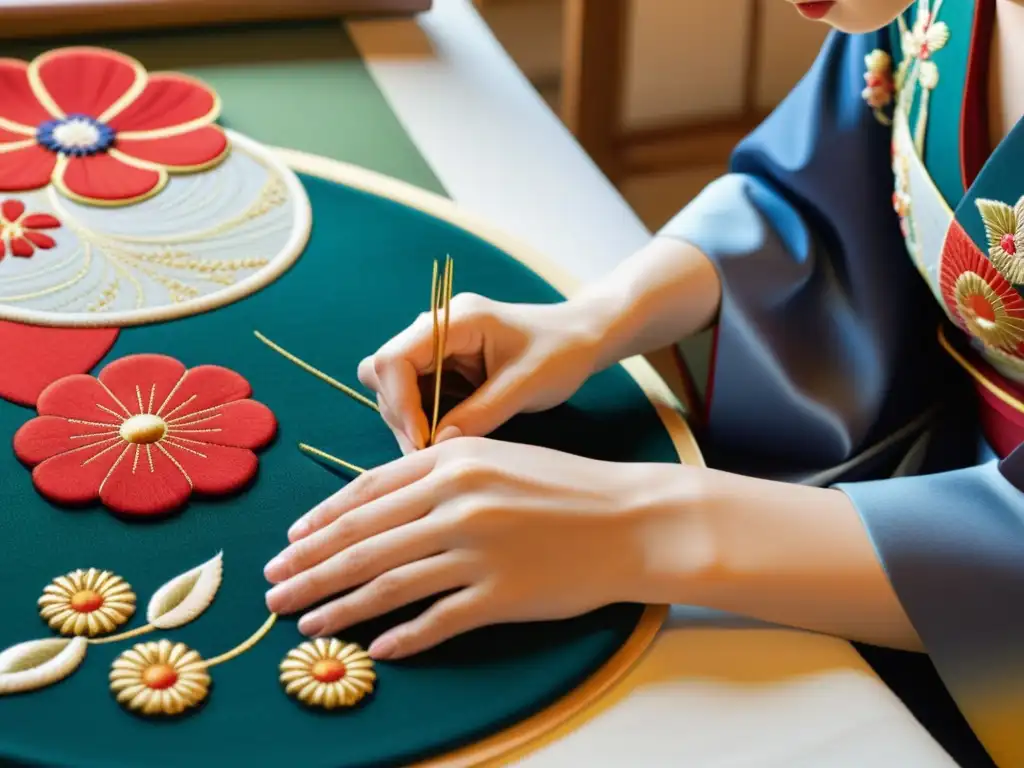 Evolución moda lujo Japón: Detalle artesanal de un kimono japonés tradicional, con patrones e hilos vibrantes bordados con esmero en un taller tradicional