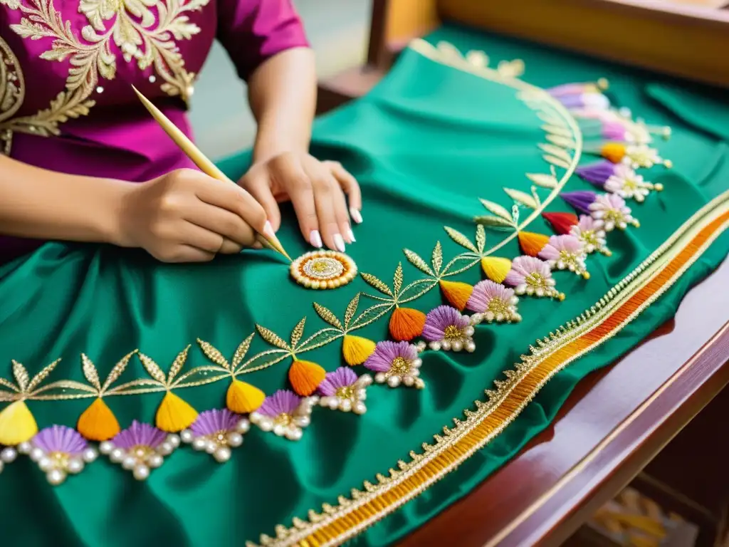 Artesanas bordando un Baju Kurung con meticulosidad y elegancia, rodeadas de hilos coloridos y lentejuelas brillantes