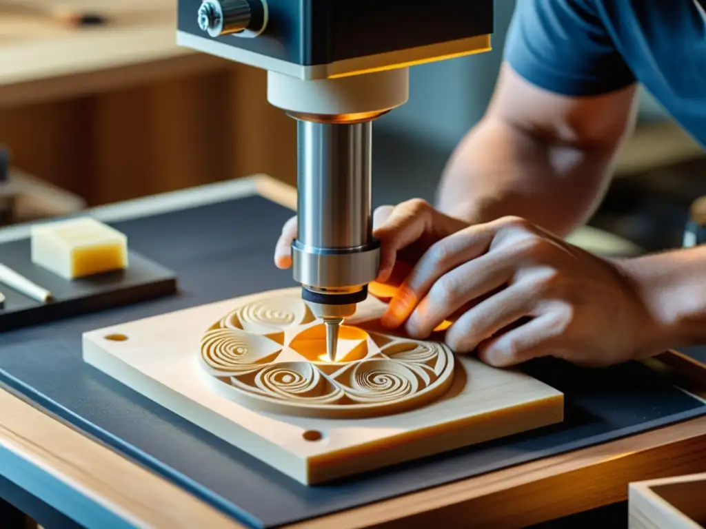 Artesanía en la Era de la Impresión 3D: Artista tallando diseños en madera, combinando tradición y tecnología en una escena iluminada por luz cálida