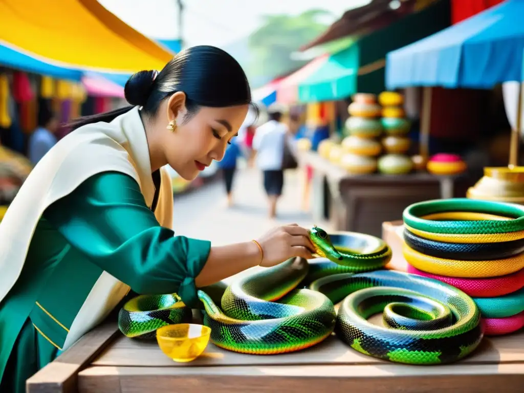 Artesanía serpentina tailandesa en el bullicioso Festival de la Serpiente Tailandia, con coloridos textiles y esculturas