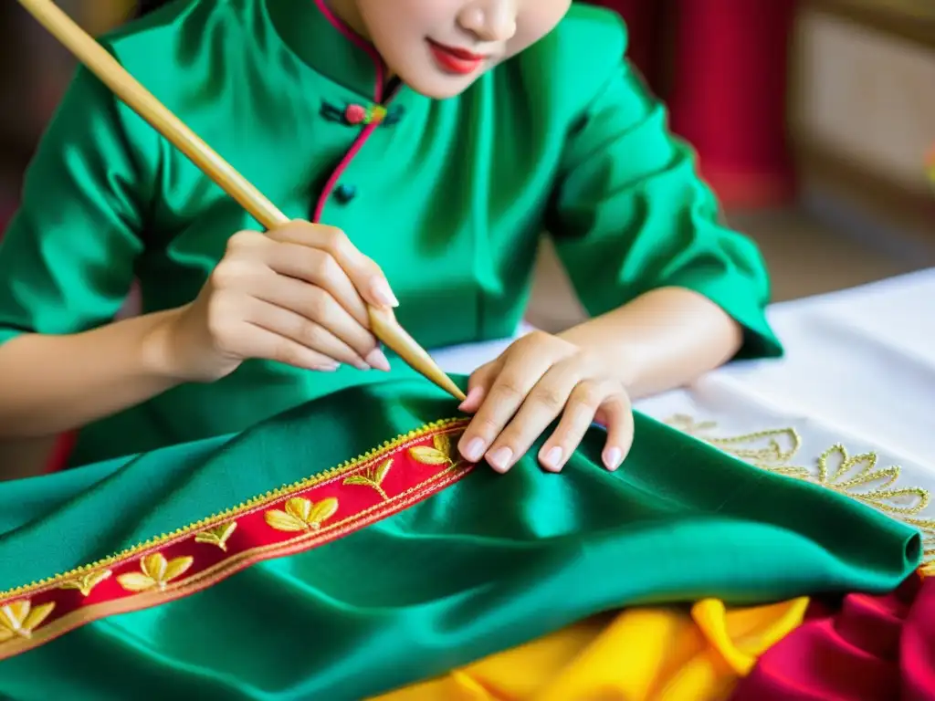 Un artesano bordando delicadamente un Ao Dai, representando el significado histórico del Ao Dai en Vietnam