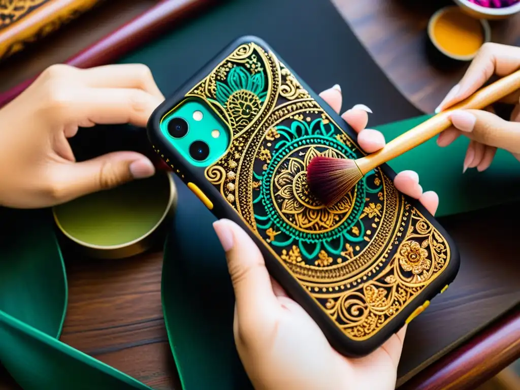 Un artesano asiático pinta delicadamente una funda de teléfono móvil mientras sus manos lucen intrincados diseños de henna