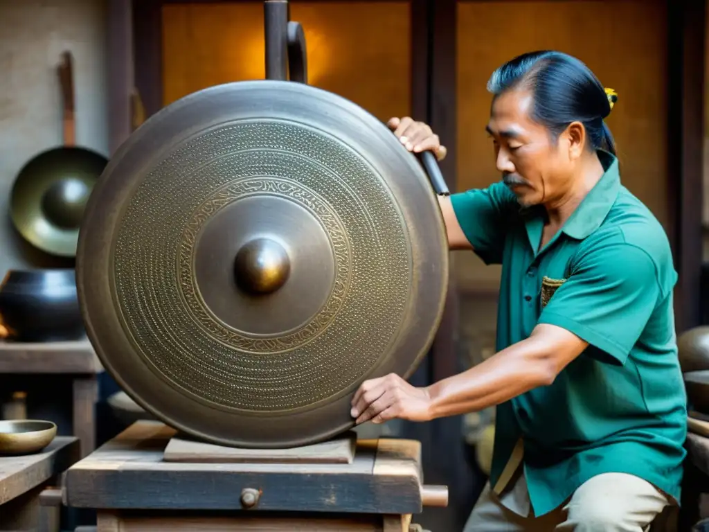 Un artesano asiático confecciona un gong de bronce, con chispas volando en su taller