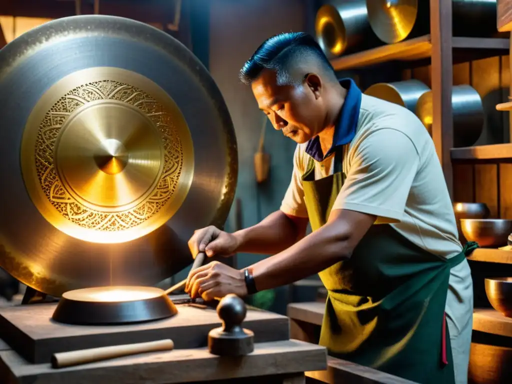 Artesano asiático fabricando un gong con técnicas tradicionales