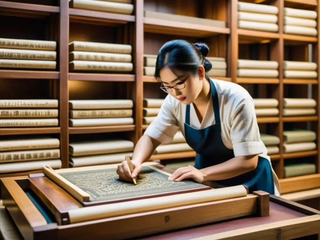 Un artesano asiático talla delicados diseños en una prensa de impresión de bloques de madera, rodeada de manuscritos antiguos y rollos