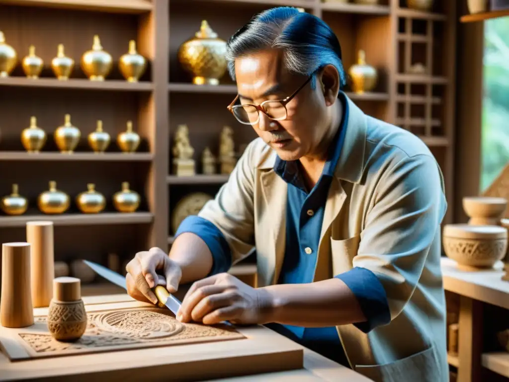 Un artesano asiático talla con destreza una escultura de madera, rodeado de herramientas y materiales