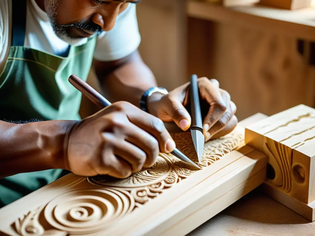 Un artesano asiático talla con precisión diseños en madera, evocando la evolución del grabado en madera asiático