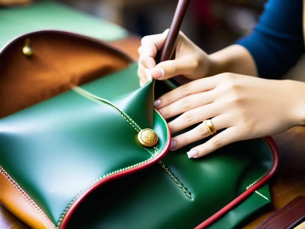 Artesano asiático en taller de accesorios de lujo, meticulosamente cosiendo a mano un bolso de cuero